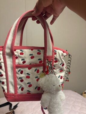 Madden Girl Cherry-Print Canvas Tote in White and Pink